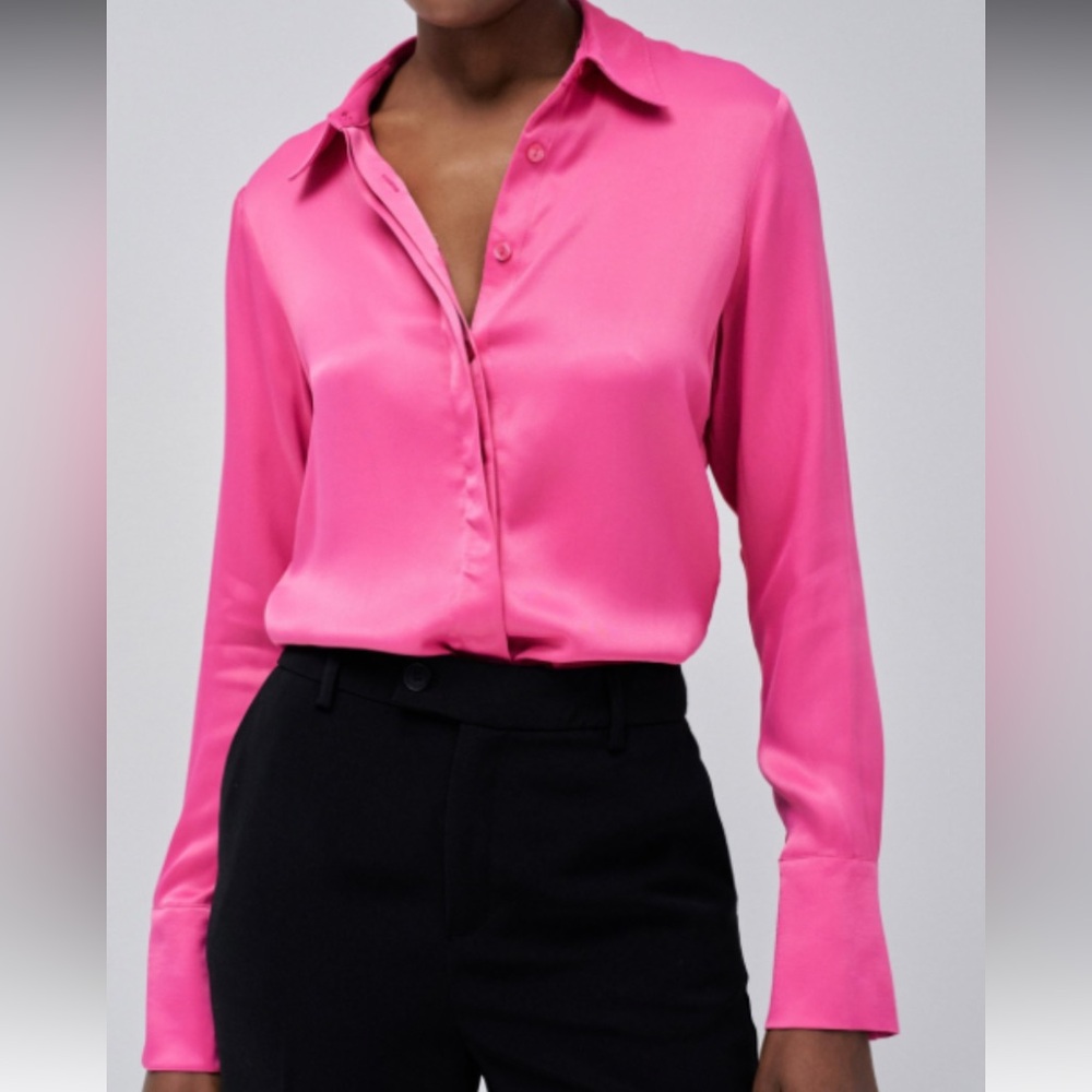 ZARA Satin Button-Down Blouse , Vibrant Fuchsia Pink , Long Sleeve